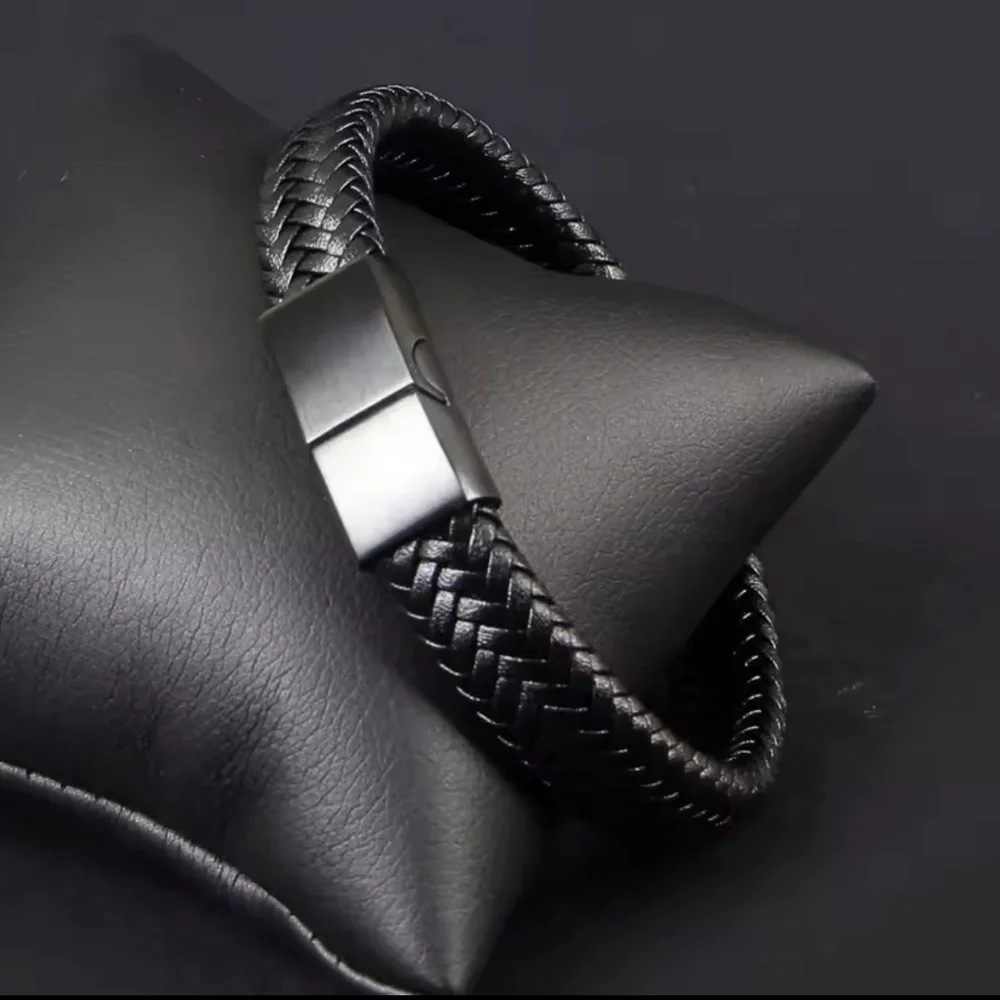 MEN NEW Black Braided Leather Bracelet